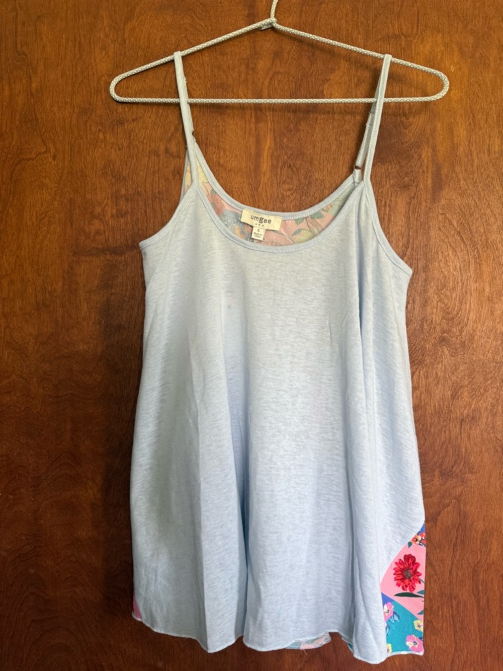 Light Blue Adjustable Spaghetti Strap Swing Tank with Floral Patchwork Back